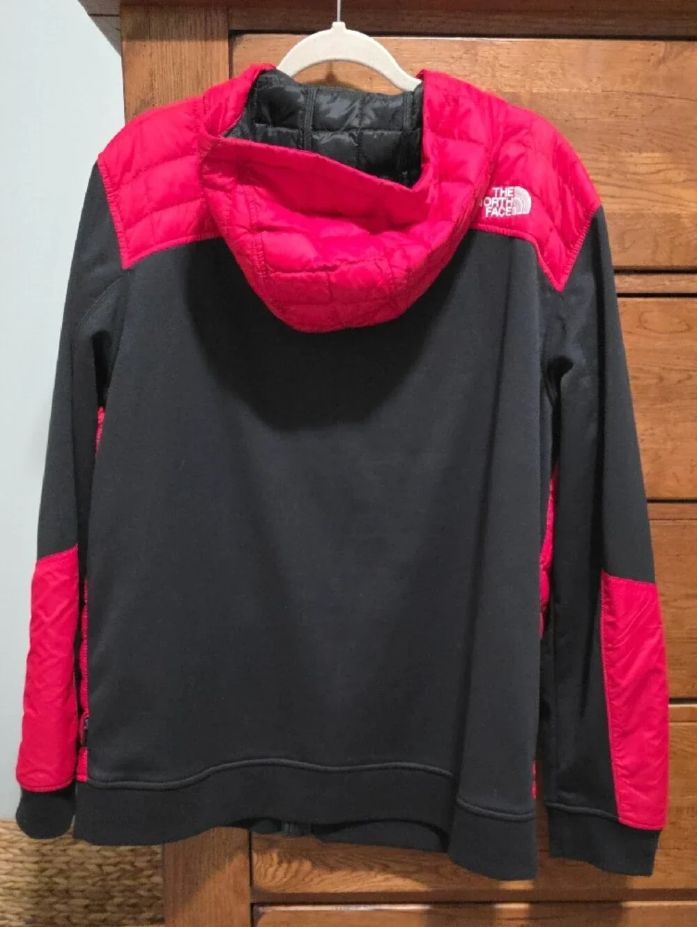 The North Face Red and Black Hooded Puffer Jacket